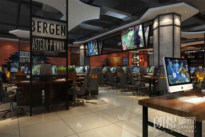 高顏值工業風網吧裝修-大廳效果圖